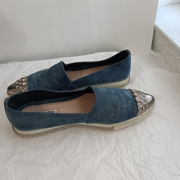 🆕 Miu Miu Denim Crystal Silver Platform Loafers size 10 - Picture 9 of 16